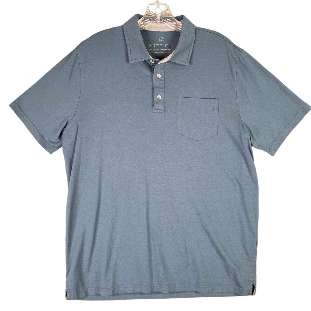 Free Fly Men’s Polo Shirt Size Large L Blue Performance Short Sleeve - Picture 2 of 11